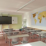 Moderner Fachraum mit digitaler Tafel. Die Karte an der Wand zeigt Länder, wo Englisch gesprochen wird. English World Language